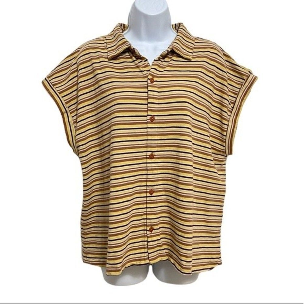 Natural by Known Supply 100% Cotton Collared Shirt Striped Yellow Brown 70s